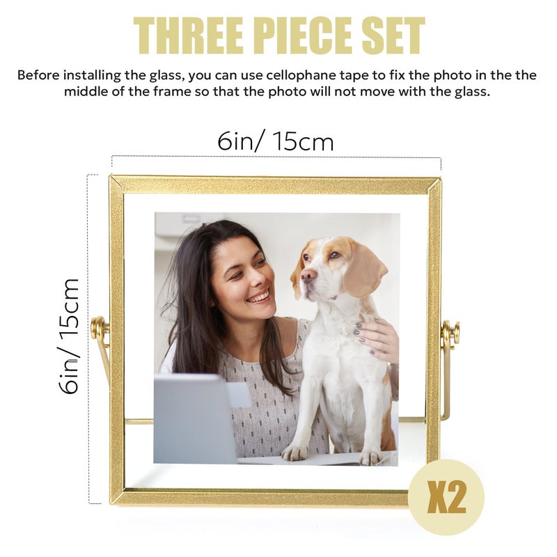 AceList 6x6 Picture Frame Set of 2 for 4x4 Picture - Gold Metal Floating Photo Frame with Glass Cover - 6x6 Frame Gold Picture Frame - Floating Frame for Tabletop Display Horizontally - Image 3